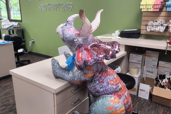 DMOS the Dino was spotted in our Hand Therapy Center! Looks like he was a little short-handed.